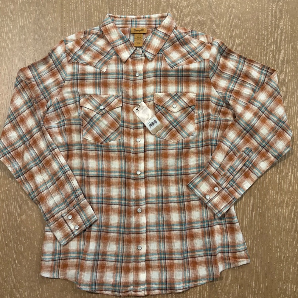 Wrangler Womens Large Western Plaid Pearl Snap Shirt Brown Blue 112356675 NWT